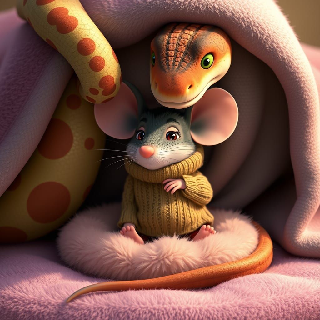 Cozy Mouse and Snake Friendship in Pixar Style