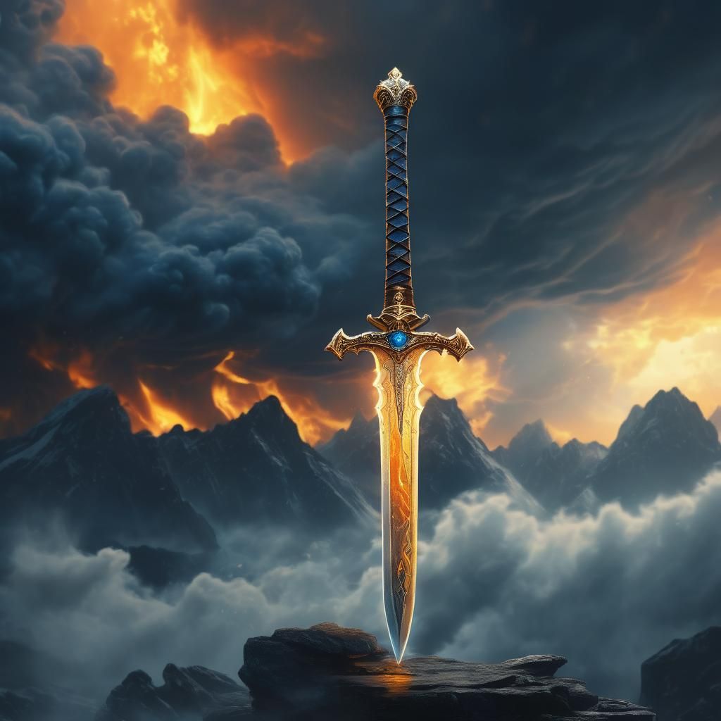 Blazing Sword Against Billowy Cloudscape