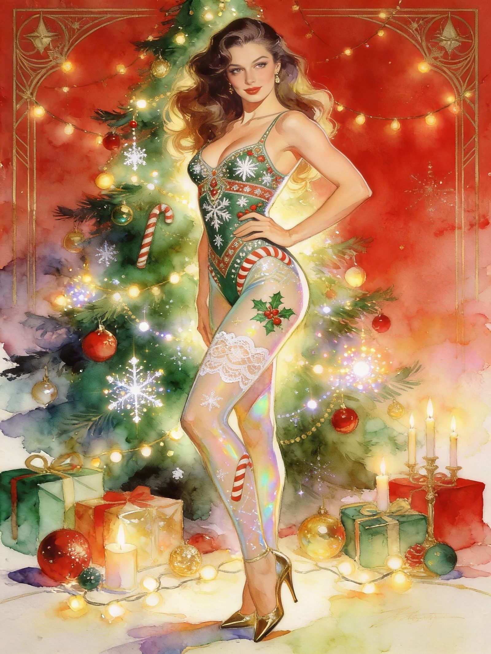 Elegant Pinup Woman in Festive Bodysuit with Art Deco Shimme...