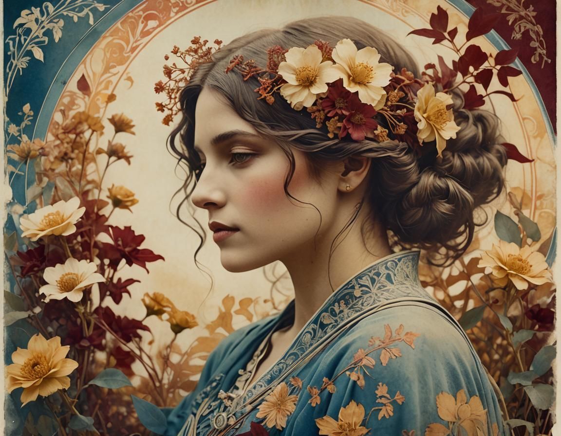 Art Nouveau Cyanotype Portrait of a Woman