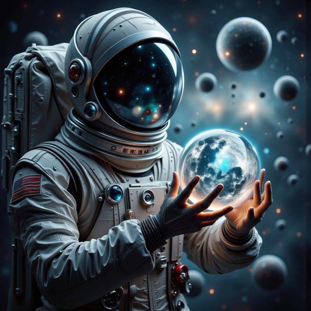 Astronaut Holds Glowing Moon Orb in Surreal Cosmic Scene