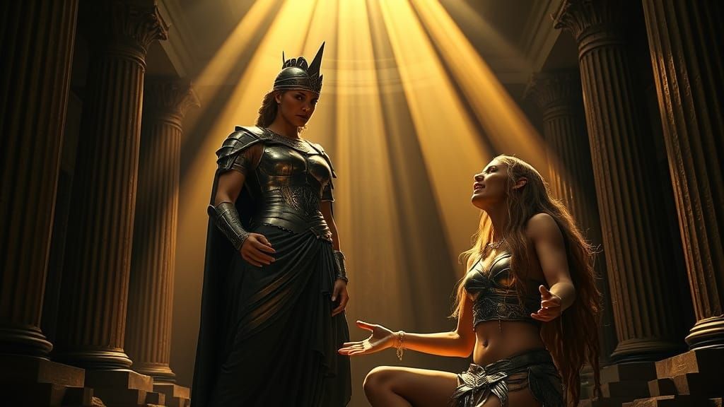 Divine Fury: Athena Confronts Medusa in Ancient Greek Temple