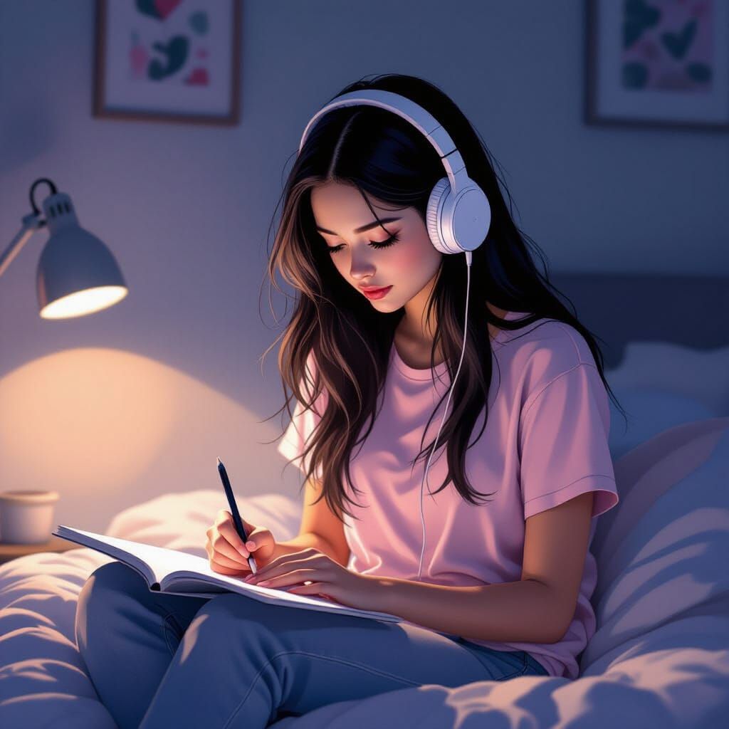 Artistic Girl Drawing in Dreamlike Bedroom