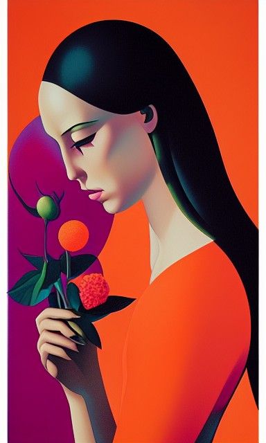 Woman in Garden with Flower, Retro Art Style