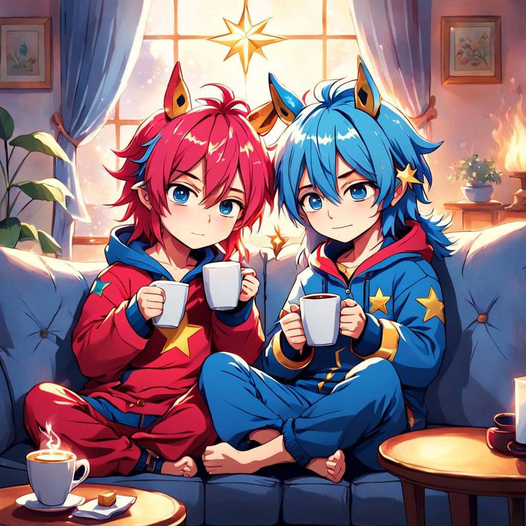 Chibi Boys with Horse Ears Relax on Plush Couch