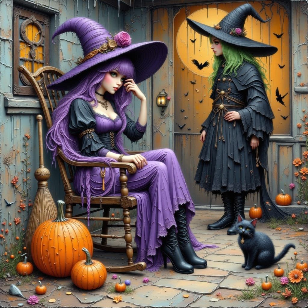 Anime Witch and Cat on Porch with Visitor