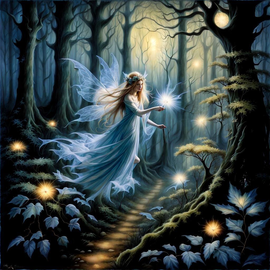 Ethereal Fairy in Glowing Forest, Fantasy Art