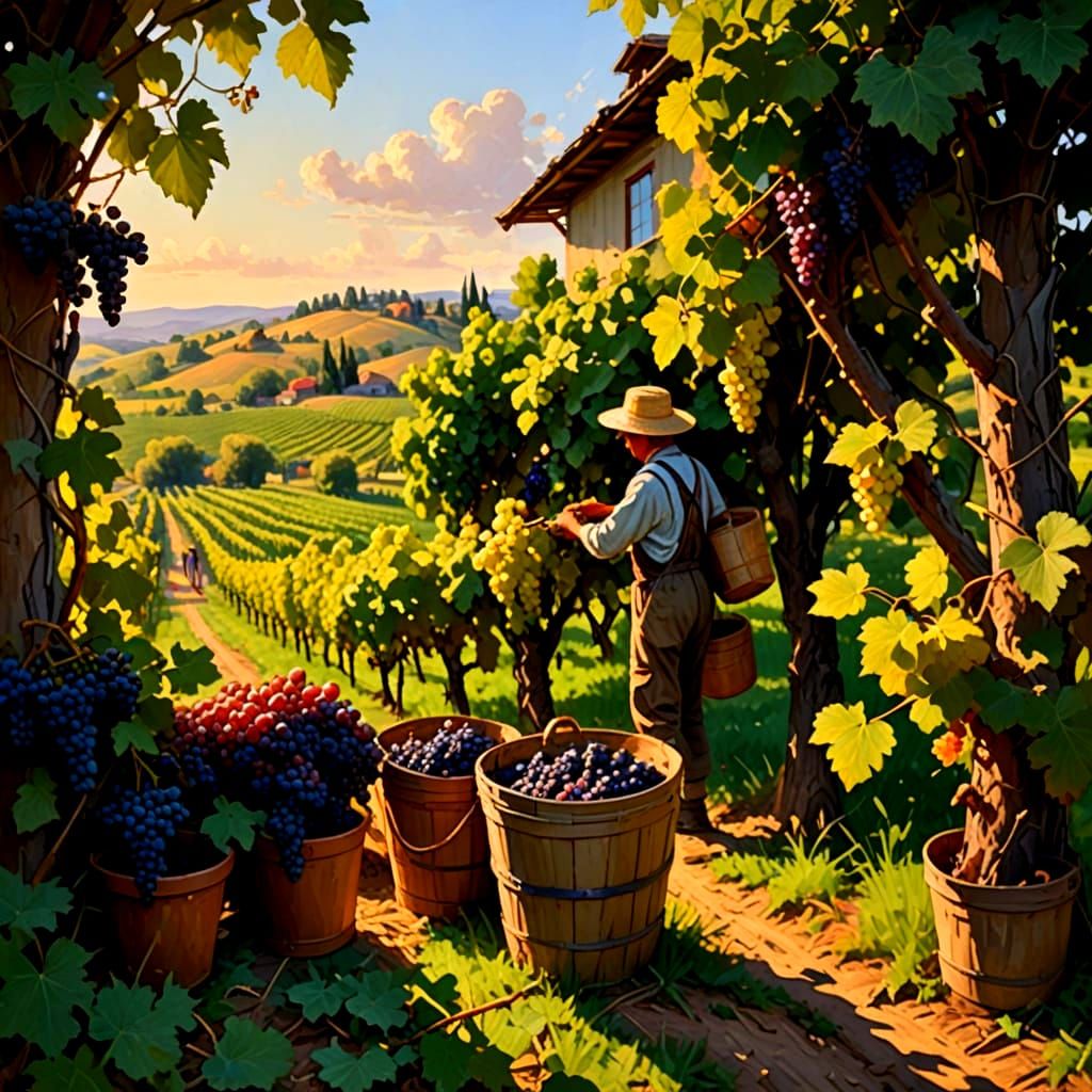 Luminous Vineyard Scene in Vibrant Oil Painting