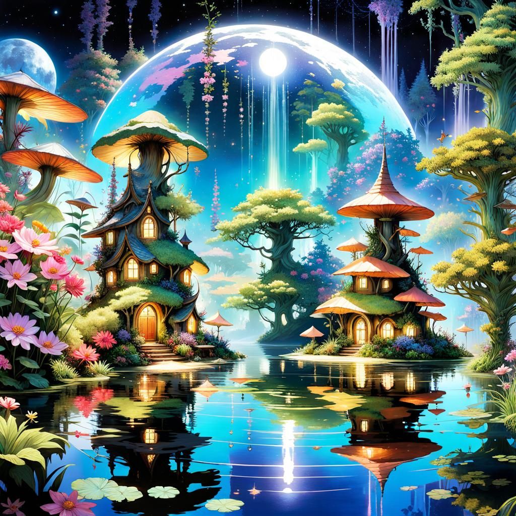 Fantasy Fairy Houses in Illuminated Cosmos Landscape