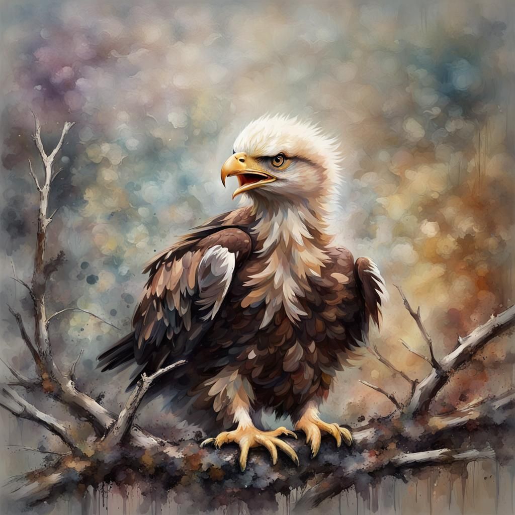 Whimsical Oil Painting of a Baby Eagle Chick