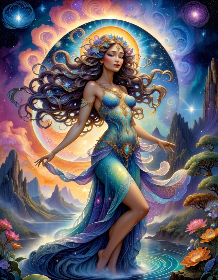 Celestial Goddess in Cosmic Art Nouveau Style