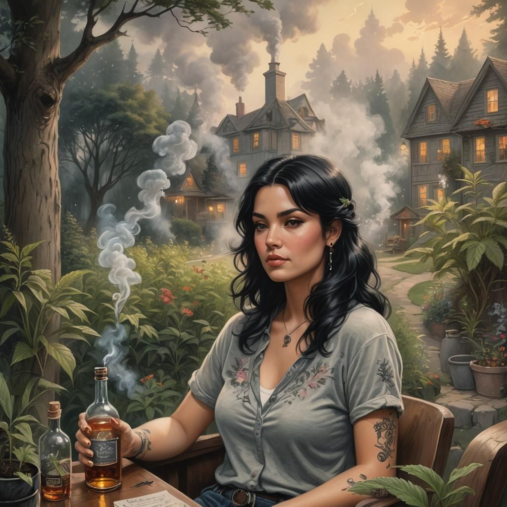 Ethereal Charcoal Portrait: Woman with Whiskey and Pipe