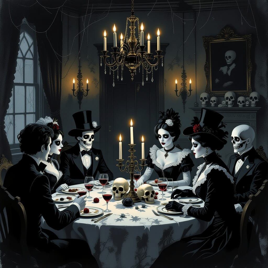 Macabre Gothic Mansion Party in Dim Light