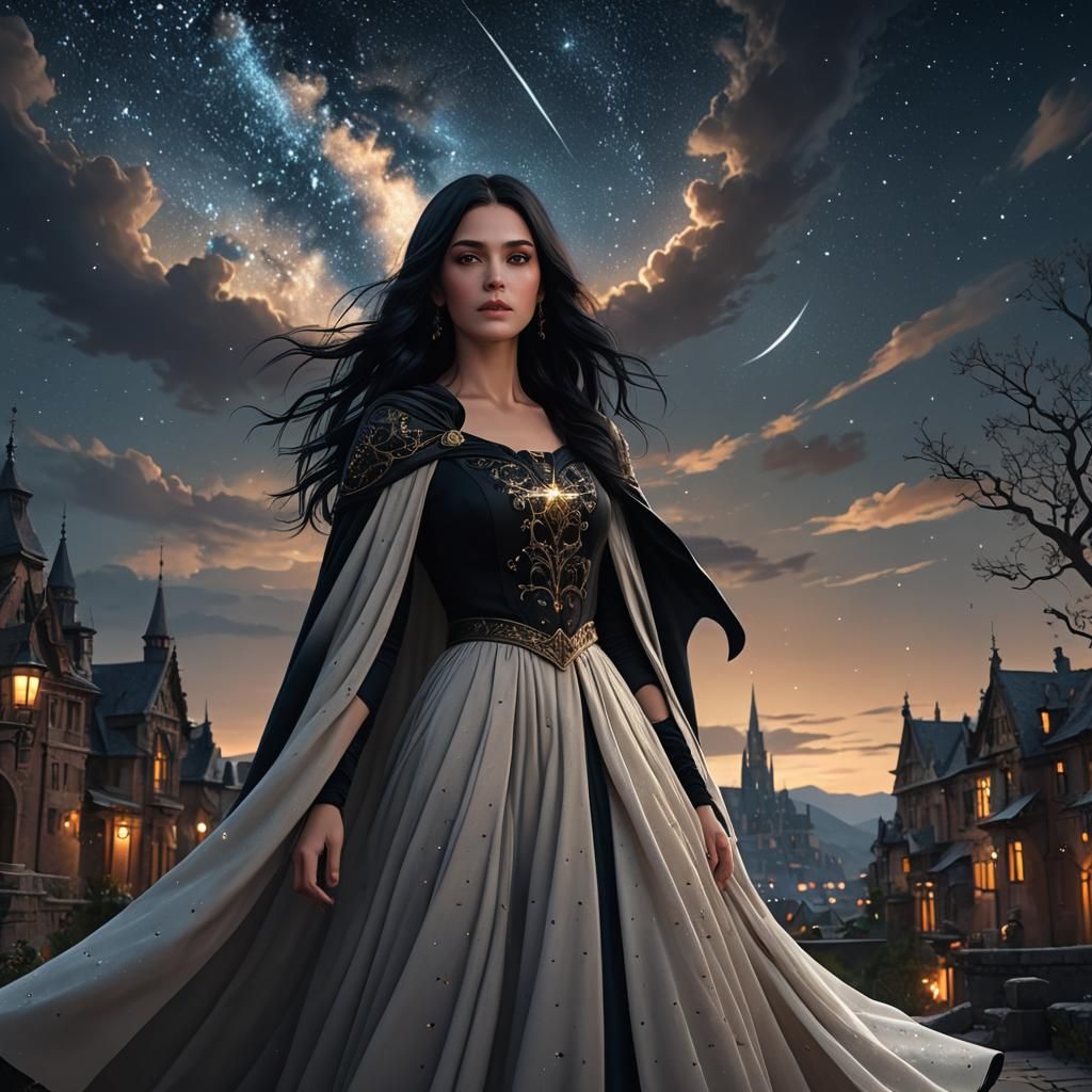 Mysterious Woman Gazing at Night Sky: Fantasy Art