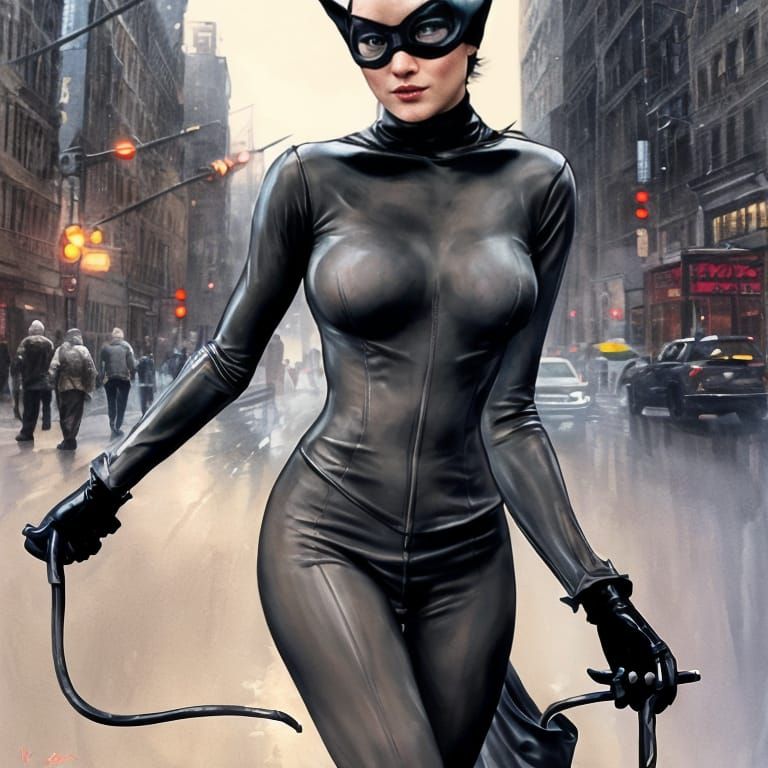 Catwoman in Watercolor Style, New York City Night