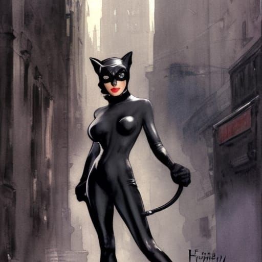 Catwoman in Gray Suit, Watercolor Art