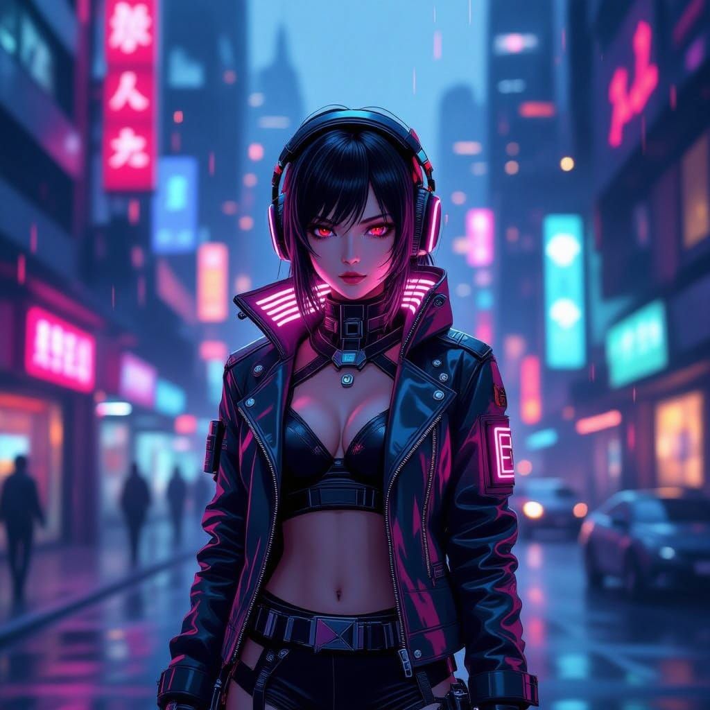 Cyberpunk Anime Girl in Neon Cityscape