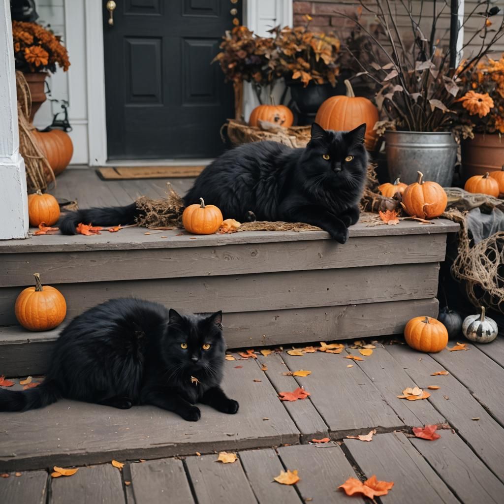 Black Cat Lounging Amidst Halloween Decor