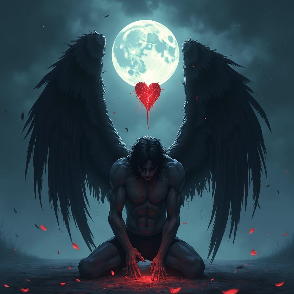 Sorrowful Angel Kneels on Desolate Landscape in Dramatic, An...