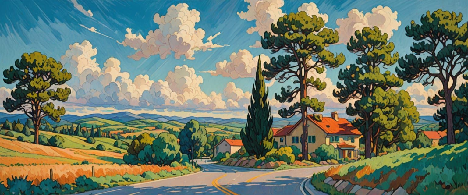 Vibrant Highway Landscape in Gouache Style