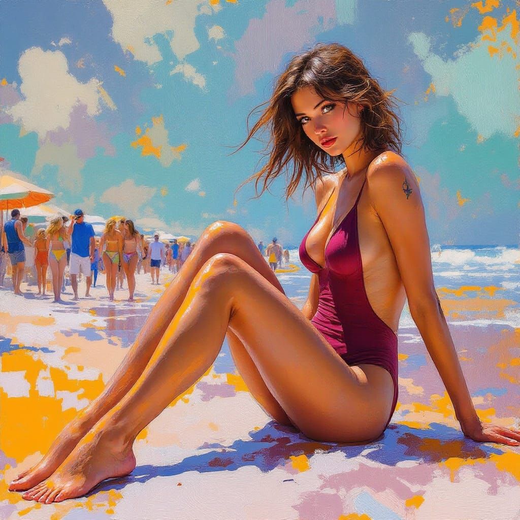 Divisionist Sorolla Style Woman on Boardwalk