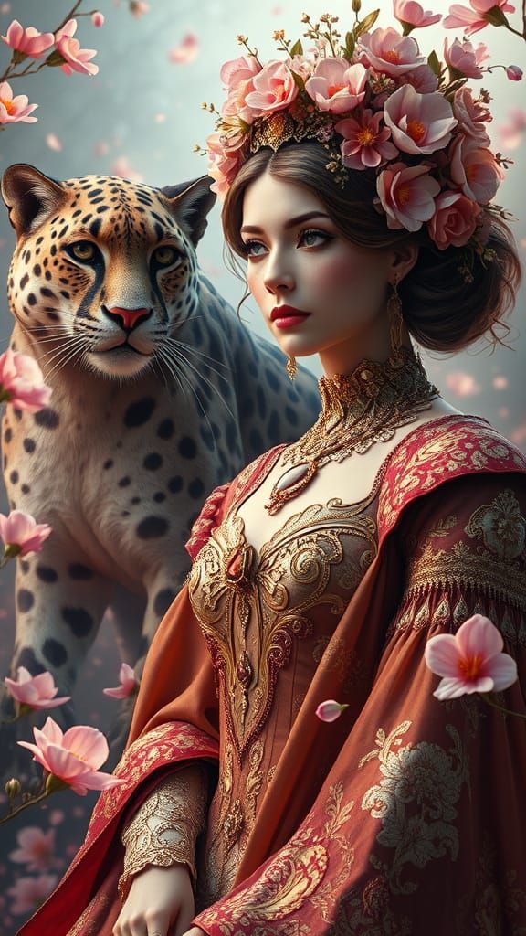 3D baroque couture digital art elegance etheral Fantasy magical whimsical symphony art. A panther guards with golden thr...