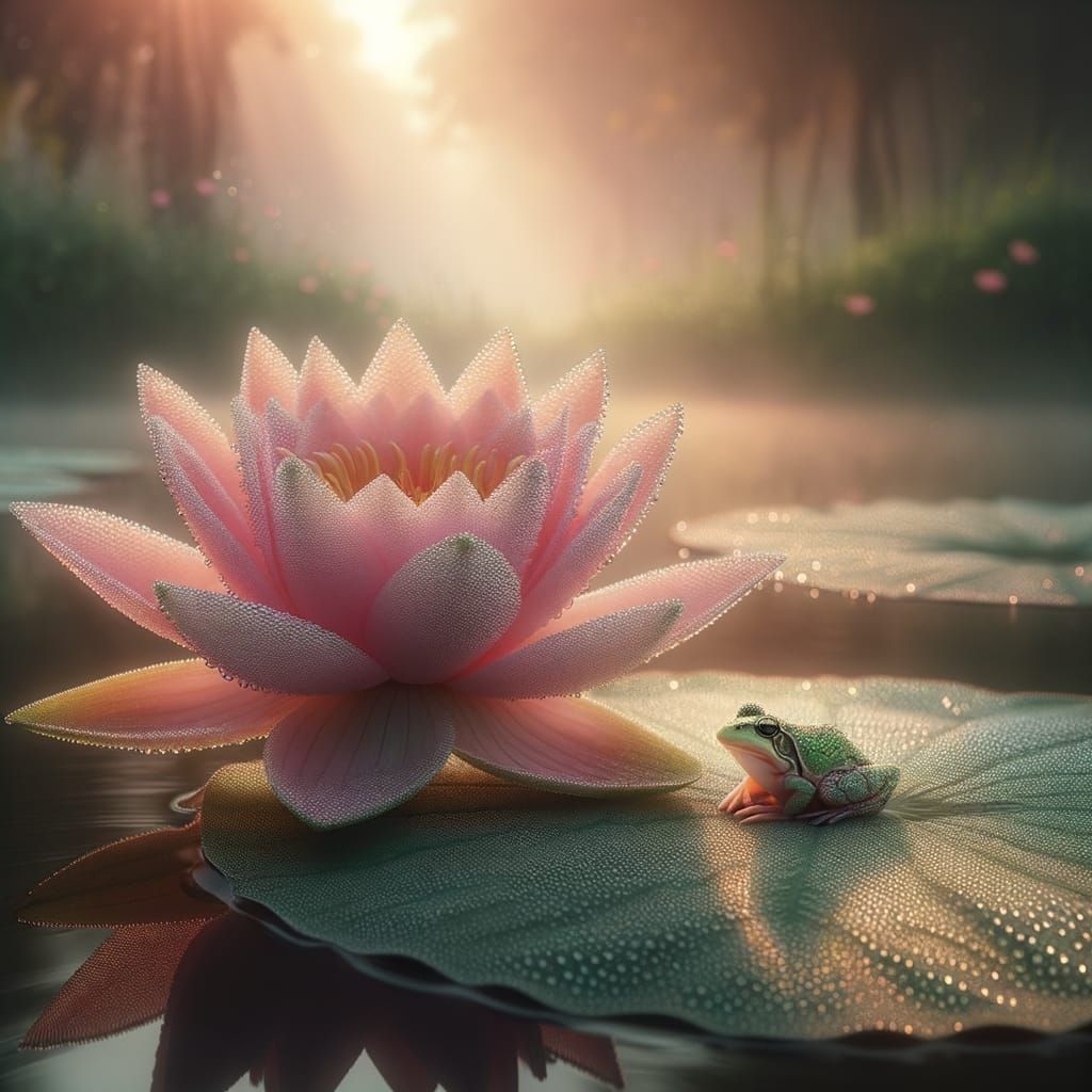 Lotus Flower with Frog in Morning Sunlight