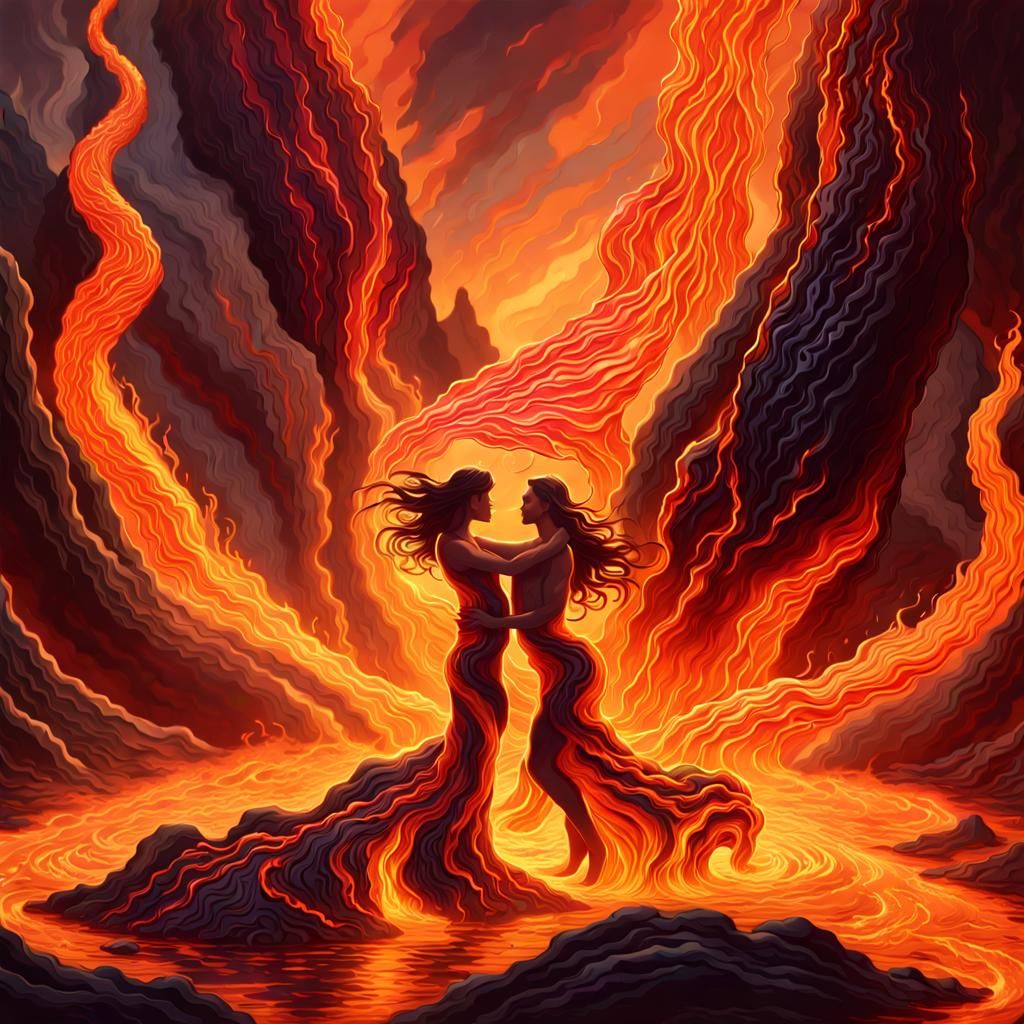 Fiery Lava Dancers in a Surreal Landscape