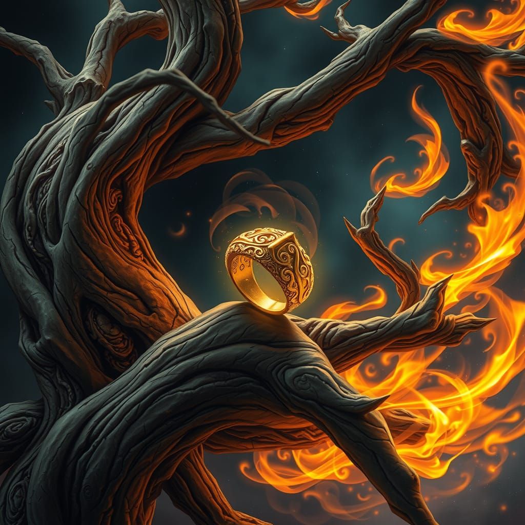 Ethereal Gold Ring Adorned with Filigree Amidst a Magical Ni...