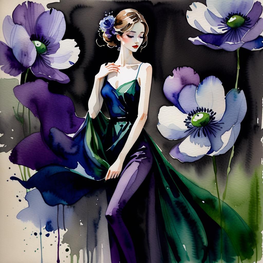 Watercolor Portrait: Cute Woman in Blue-to-Green Grunge Dres...