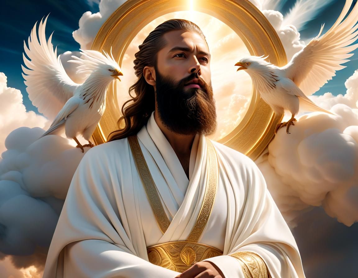 Divine Figure Enthroned in Clouds: Surreal Portrait