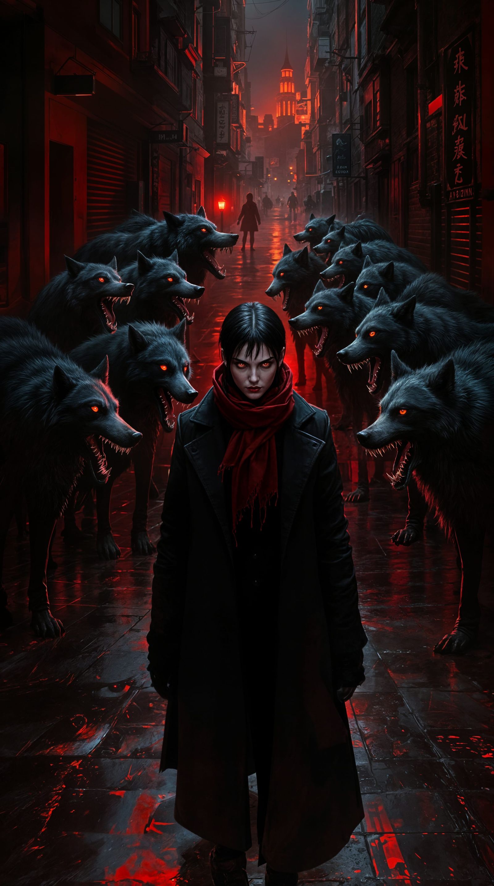 Defiant Woman Confronts Wolves in Dark Urban Fantasy Scene