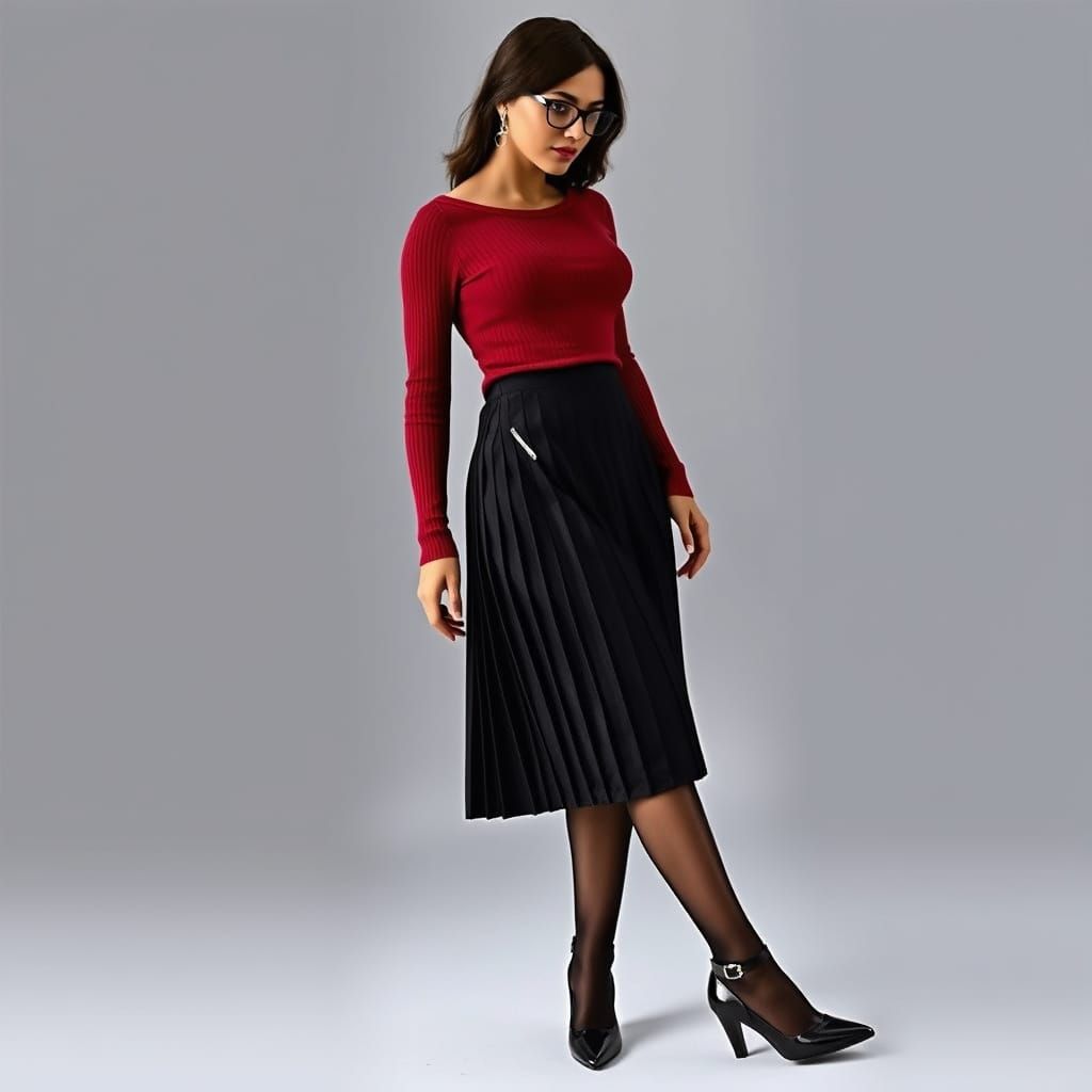 Woman in Crimson Top and Pleated Skirt: Digital Art