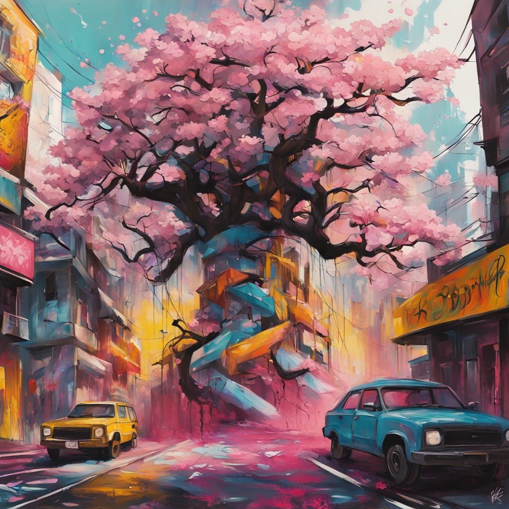 Vibrant Cherry Blossom Graffiti in Dynamic Splash Art Style
