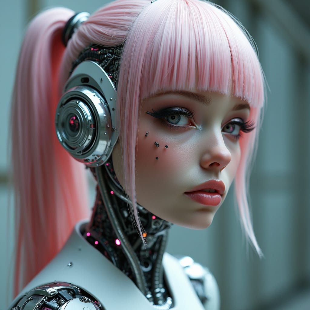 Serene Cybernetic Goddess in Pastel Pink Hues