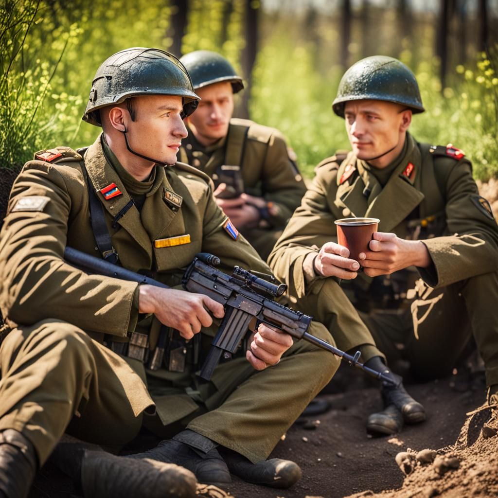 Ukrainian Soldiers Relaxing in Spring Sunshine