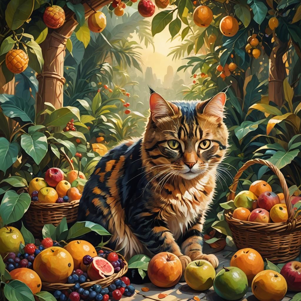 Cat Discovering Exotic Fruit in Dreamlike Oil Painting