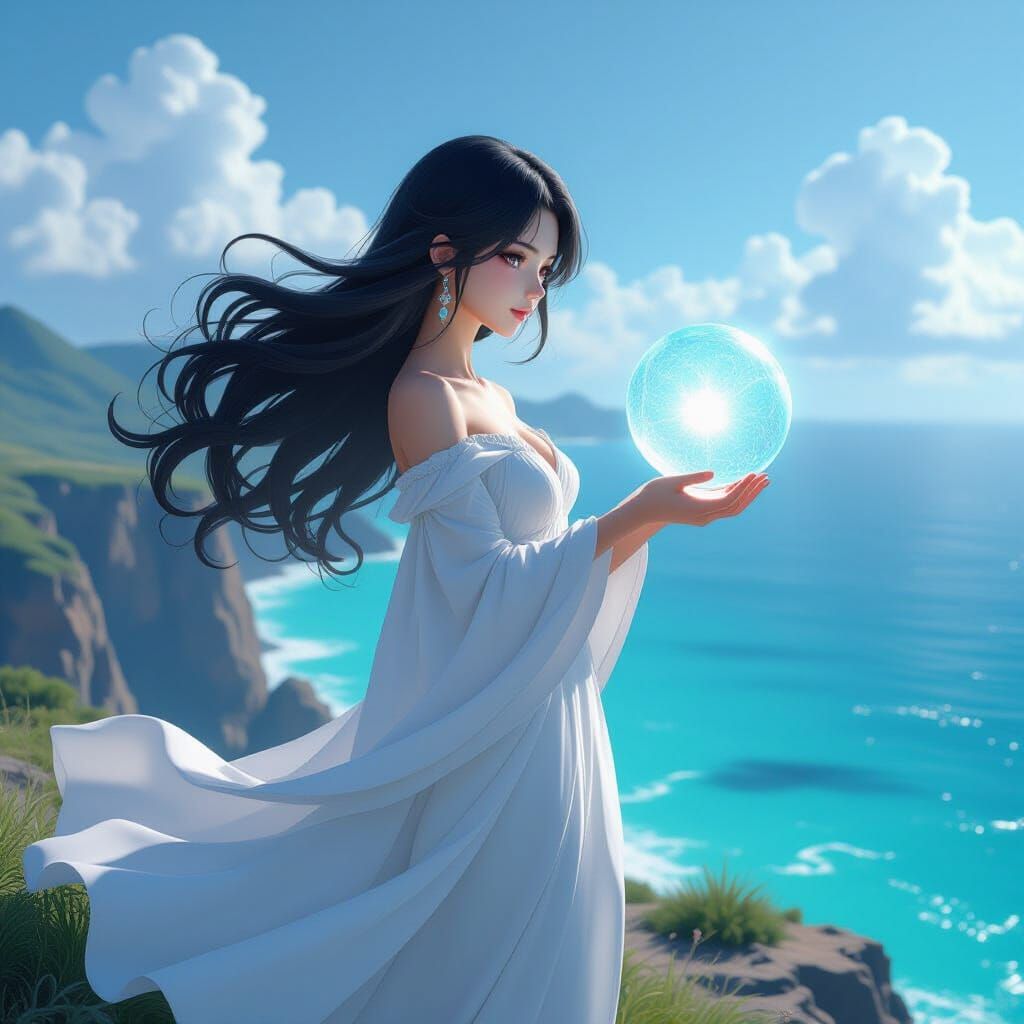 Anime Woman with Orb on Windswept Cliff
