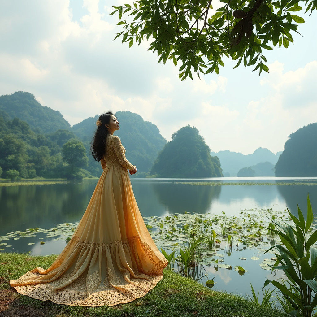 Beautiful Asian Girl by Lake in Matte Painting Style