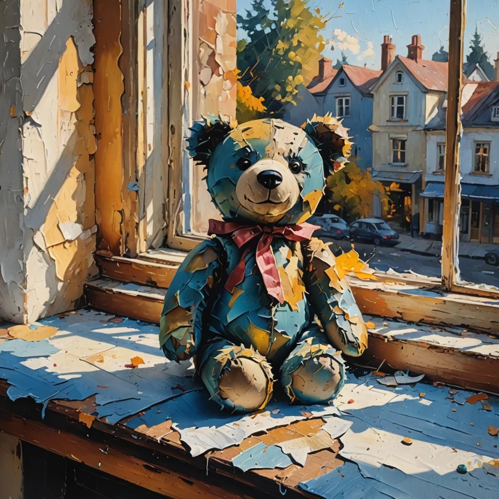 Old Teddy Bear on Windowsill in Oil Painting Style