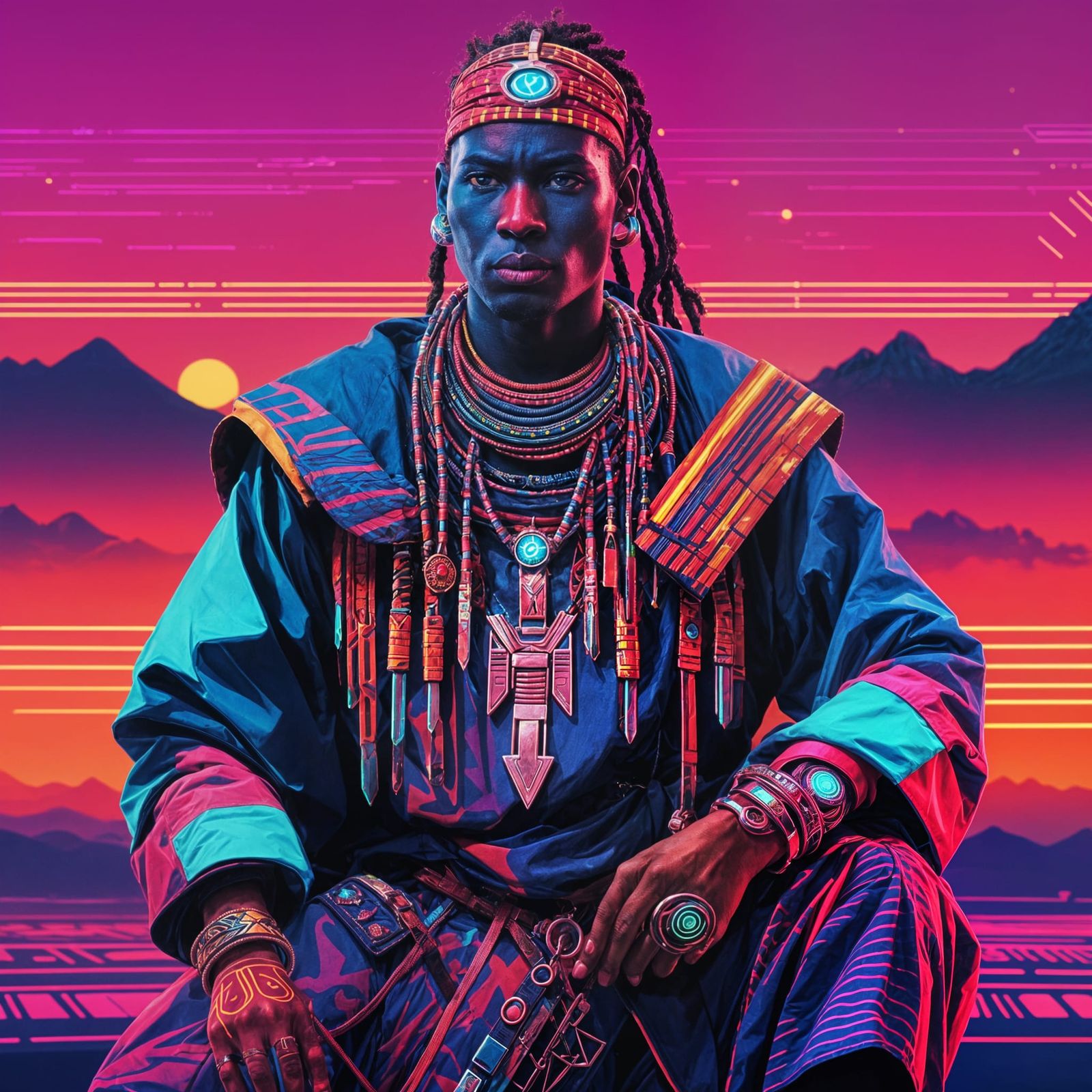 Maasai Warrior in Synthwave Neon Style