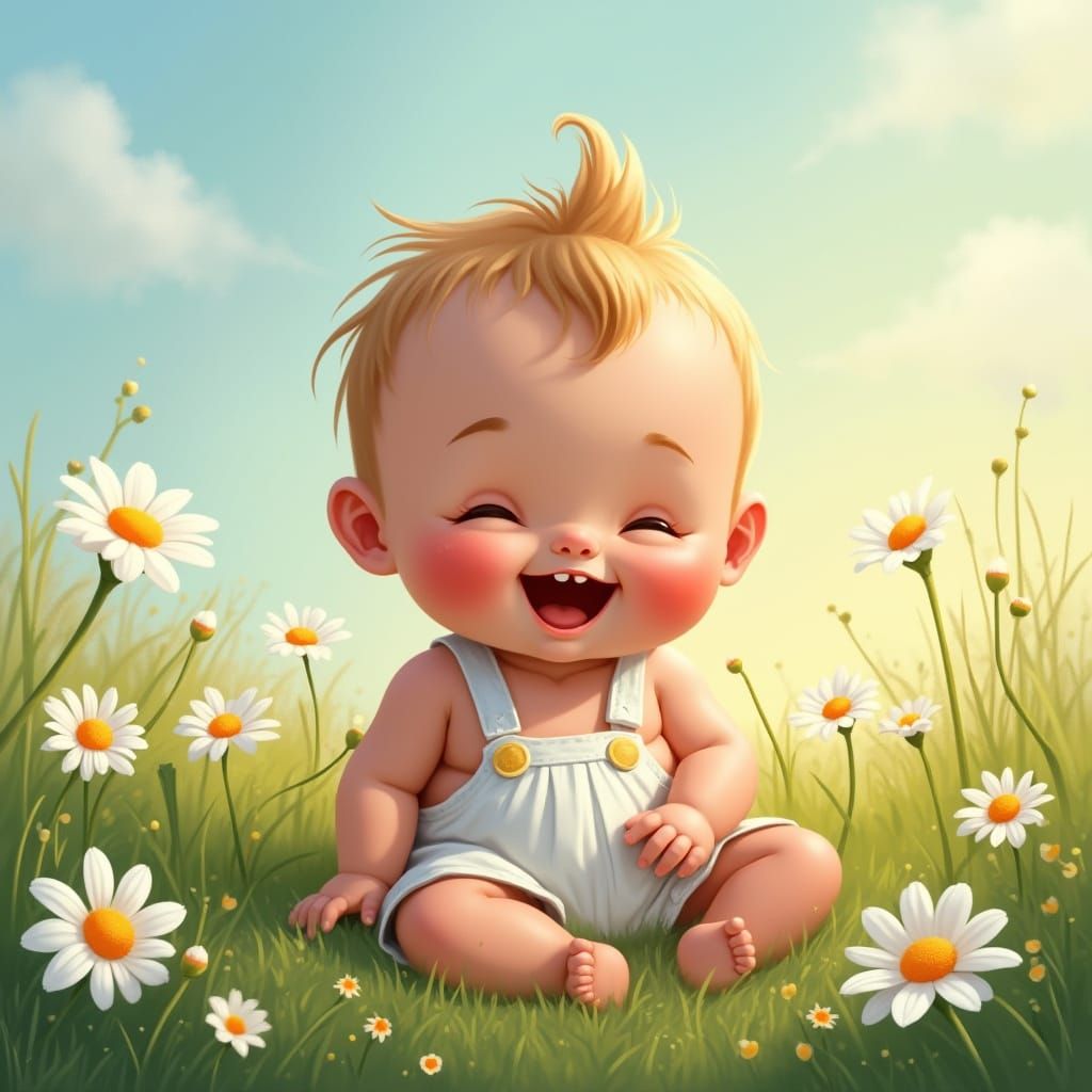 Whimsical Realistic Digital Art of Happy Baby in a Meadow