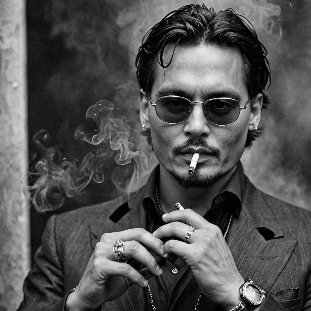 Johnny Depp Smoking in Black and White
