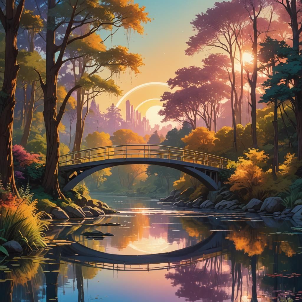 Rainbow Bridge Over Mystic Lake at Sunset