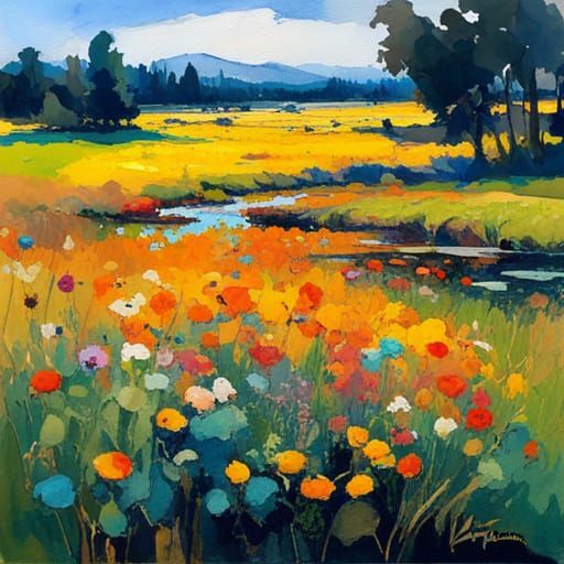 Orange and Teal Flower Meadow in Watercolor