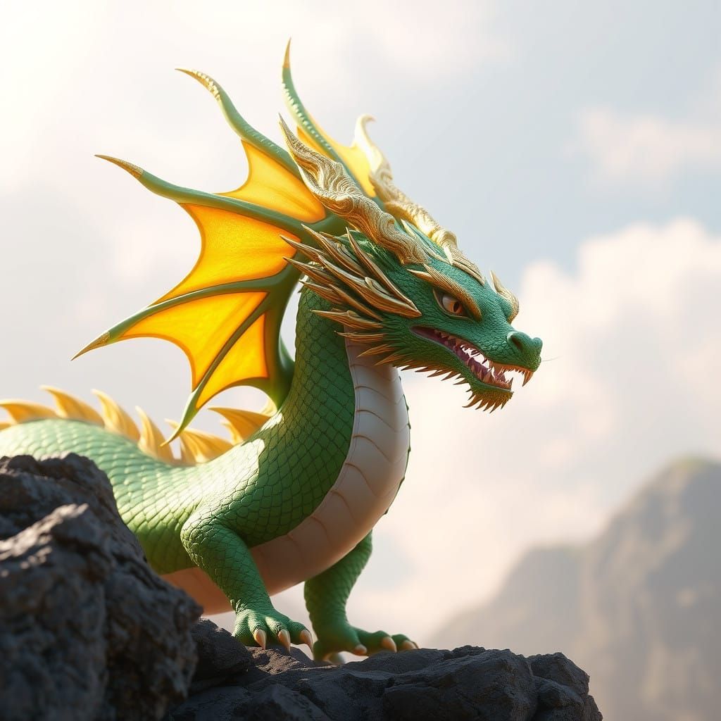 Anime-Inspired Green Dragon Concept Art with Vibrant Golden...