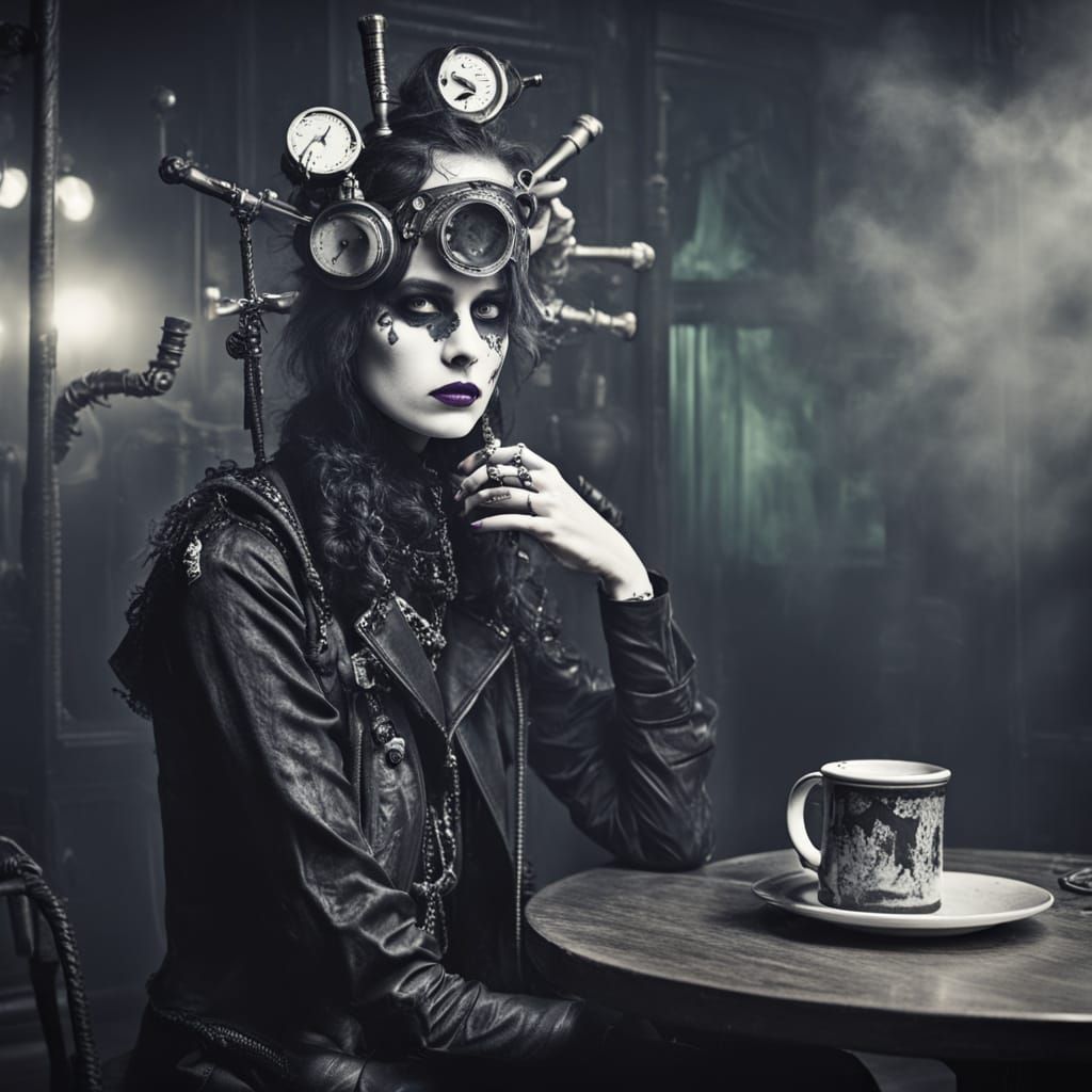 Gothic Steampunk Model in Moody Coffee Shop