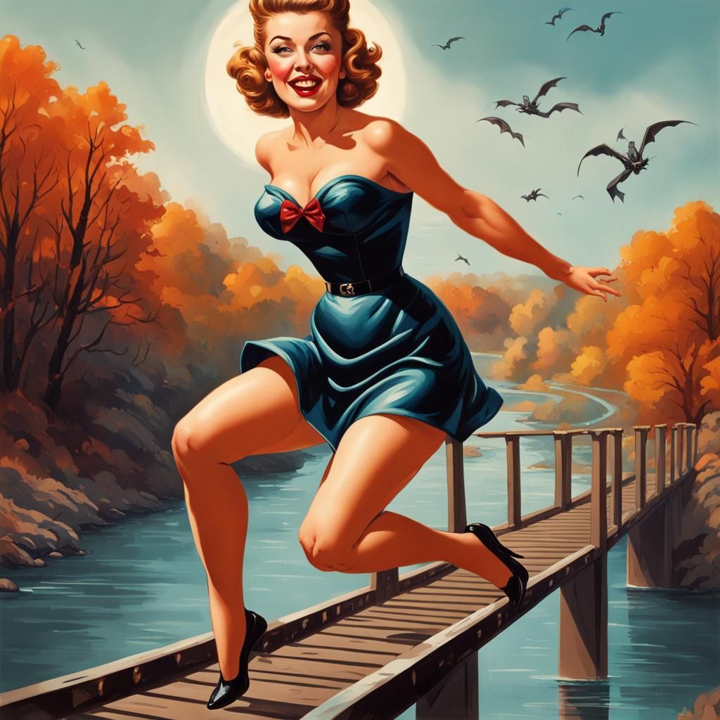 1950s Halloween Pinup Girl Jumping From Bridge