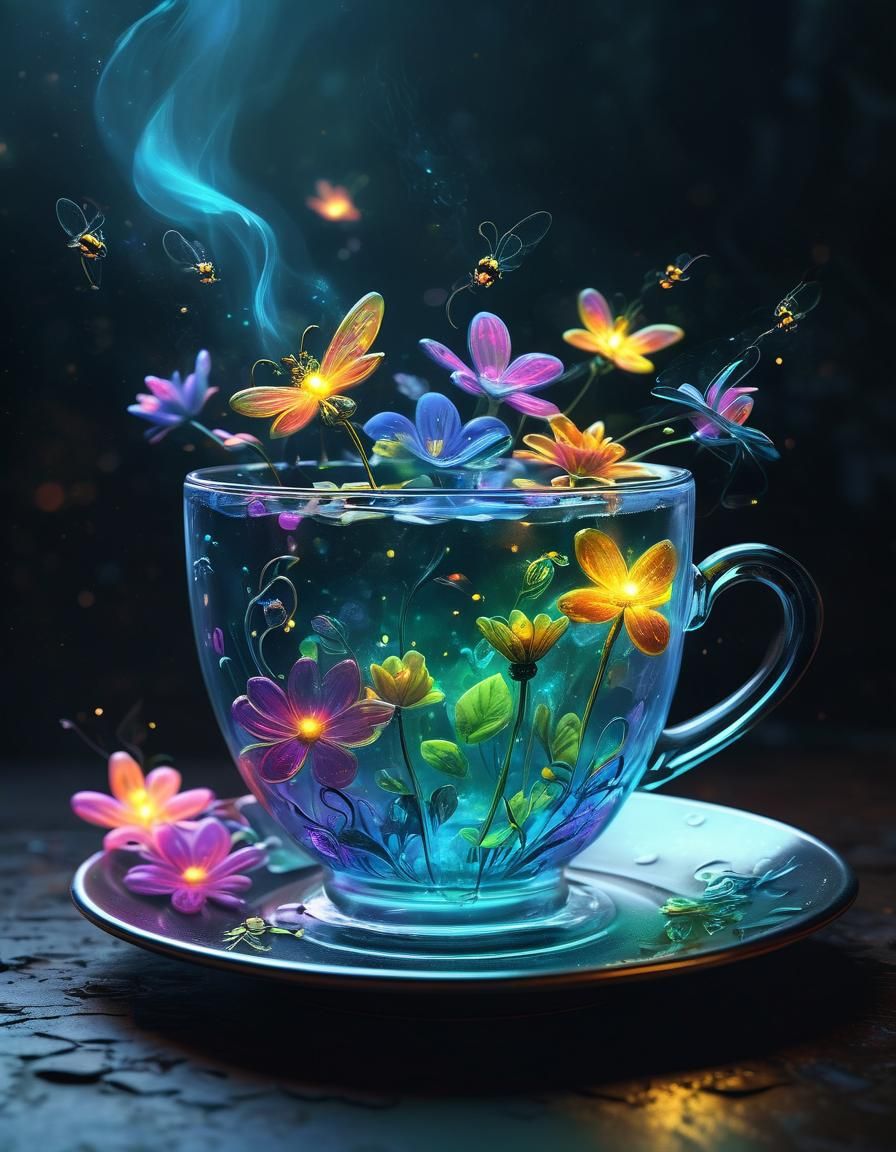 Neon Flowers, Fireflies, and Fairies in Teacup