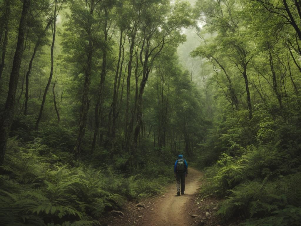 Man Hiking Through a Dense Forest